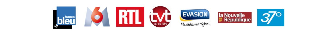Sur l'image, une série de logos de différentes stations de radio et chaînes de télévision françaises est présentée. De gauche à droite, il y a le logo de France Bleu, suivi de M6, RTL, TV Tours Val de Loire, Évasion, La Nouvelle République, et enfin 37°, le média local.